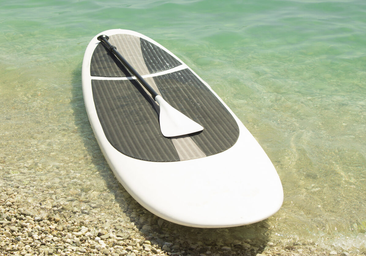 Paddle board and paddle on the coastline.